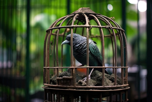 人間が作った環境で檻に入れられた鳥