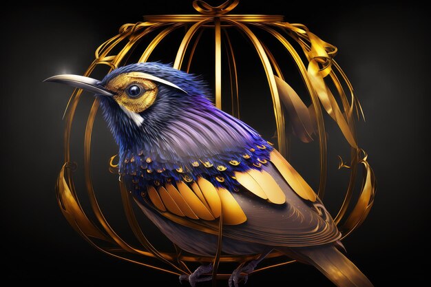 檻に入れられた王室の鳥、その羽は滑らかで光沢があります