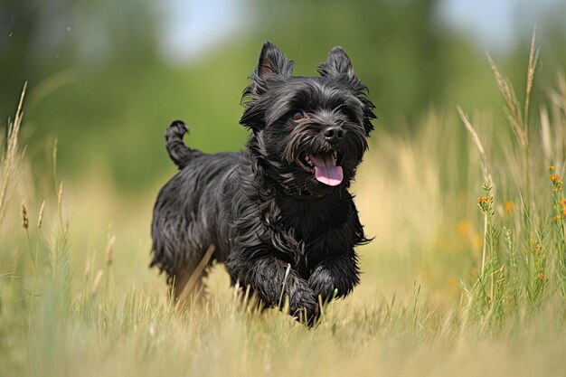 Cairn Terrier running outdoors in nature on a sunny day AI Generated