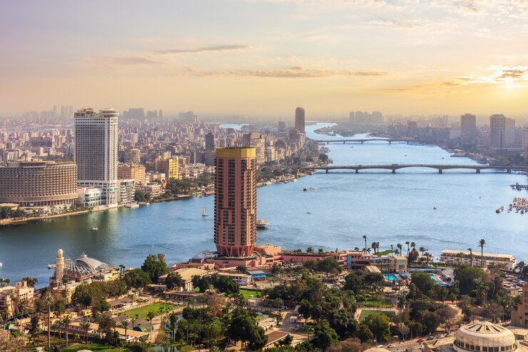 Cairo centrum van de stad bij zonsondergang, Egypte