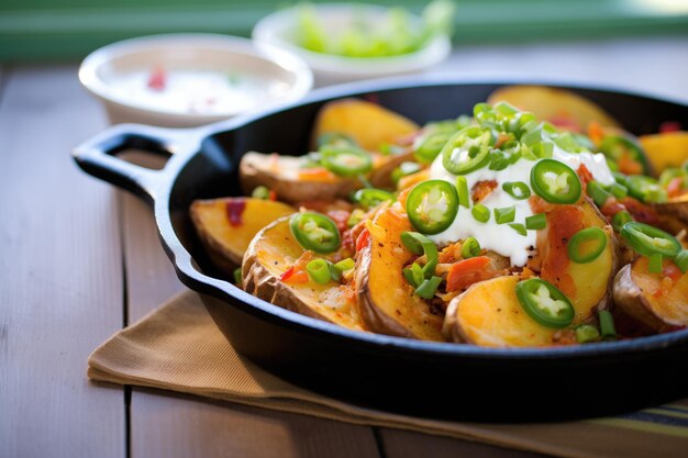 Cajunseasoned potato skins in a castiron skillet