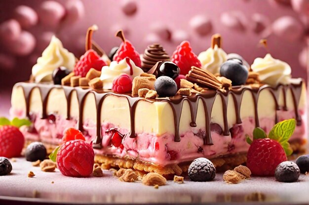 Foto torta ai deliziosa fetta di torta coperta di fragole fresche una dolce delizia