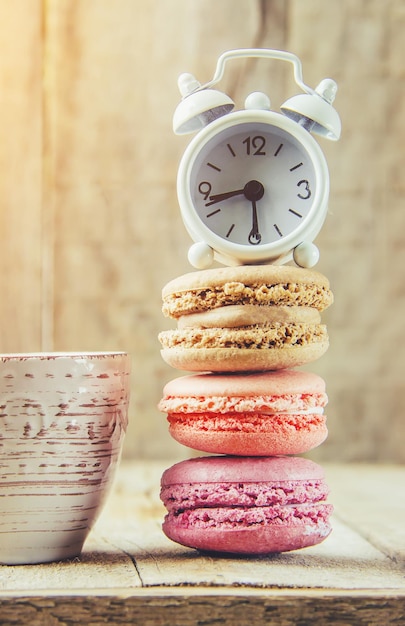 Photo cake assorted macarons for a gift selective focus