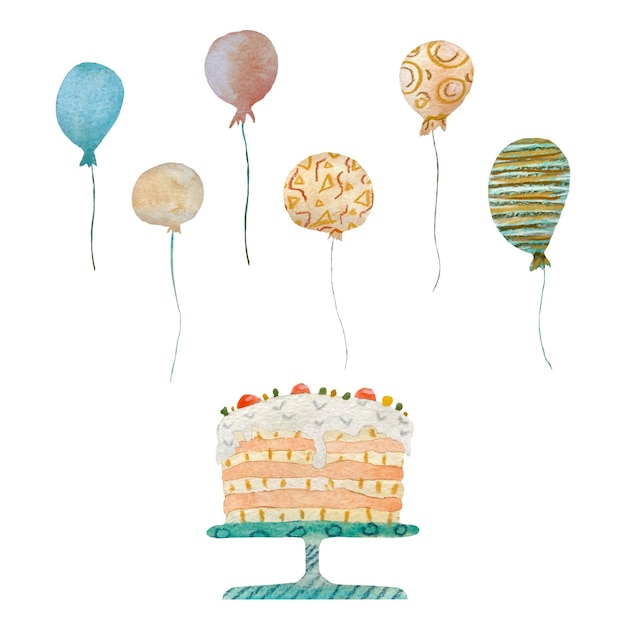 Cake balloon happy birthday textured set. A watercolor illustration. Hand drawn texture. Isolated.