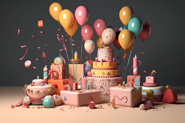 Торт и воздушные шары окружены воздушными шарами и конфетти.