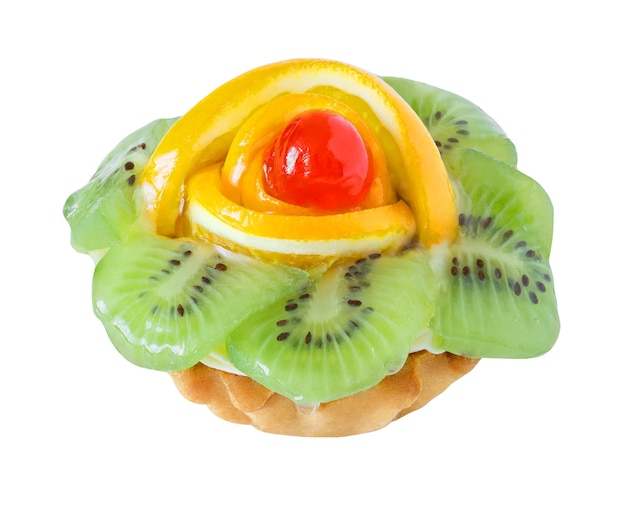 Cake basket with kiwi, oranges and cherry isolated on white background with clipping path.