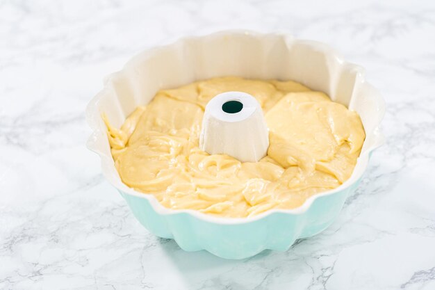 Cake batter in bundt cake pan ready for baking.