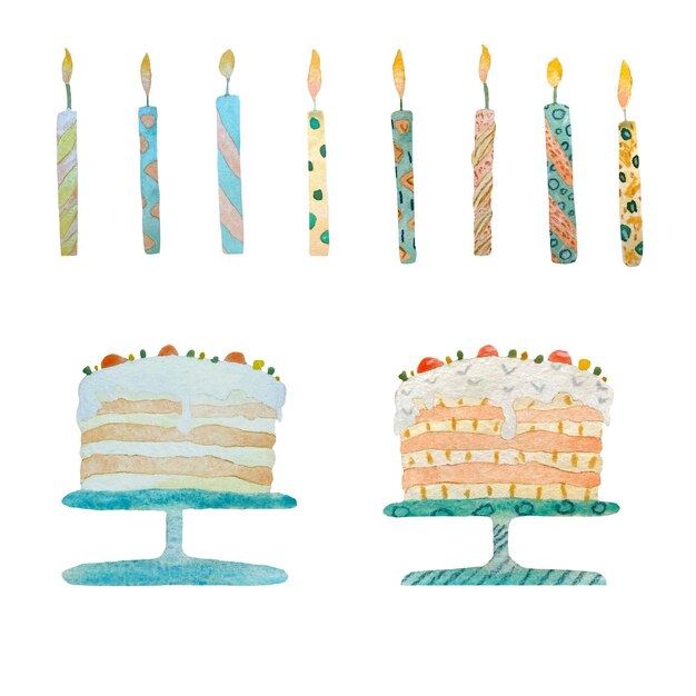 Cake candle texture birthday sketch set. A watercolor illustration. Hand drawn texture. Isolated.