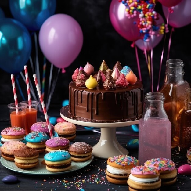 케이크, 사탕, 초콜릿, 휘파람, 스트리머, 풍선, 어린이 생일 파티, 생성 AI
