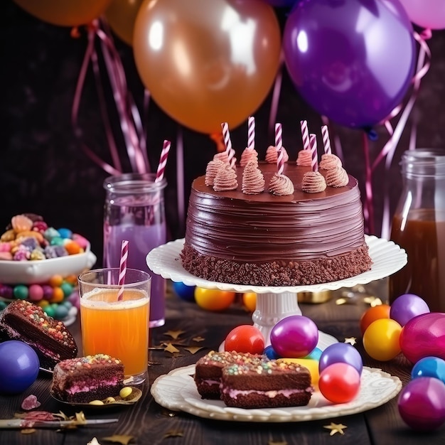 케이크, 사탕, 초콜릿, 휘파람, 스트리머, 풍선, 어린이 생일 파티, 생성 AI