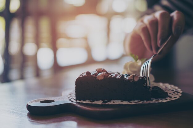 Cake chocolate on wood table
