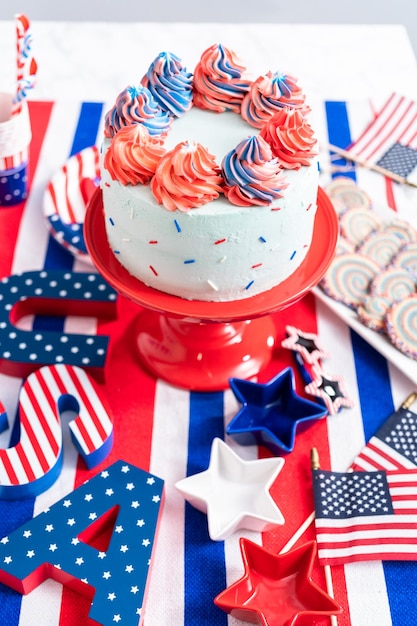 Cake, cookies, and fruit and vegetable snack tray at the July 4th celebration party.