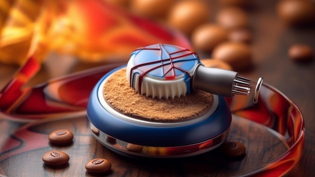 A cake cutter with a whip on it is sitting on a table with coffee beans.