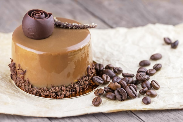 Cake decorated with chocolate and coffee beans