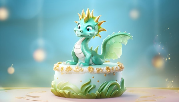 Cake decorated with confectionery mastic in the shape of a dragon on a light background