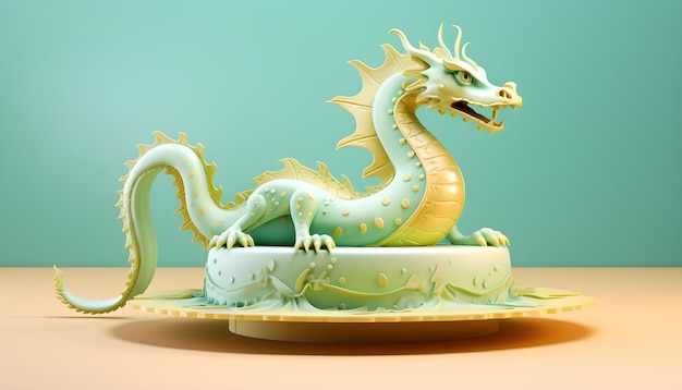 Cake decorated with confectionery mastic in the shape of a dragon on a light background