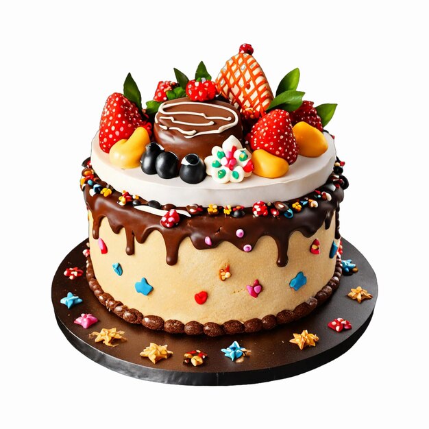 Cake decorated with cookies and chocolates on a white background birthday cakes AI Generative