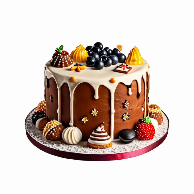 Cake decorated with cookies and chocolates on a white background birthday cakes AI Generative