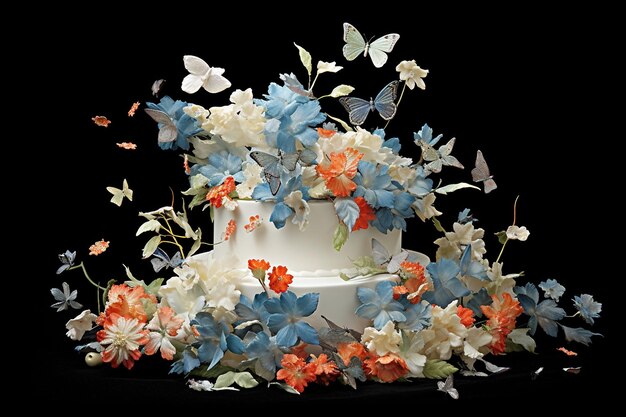A cake decorated with edible sugar flowers and butterflies for a whimsical celebration