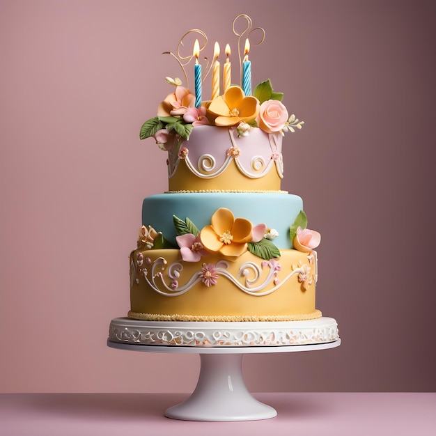 cake decorated with flowers and candles on a pink background