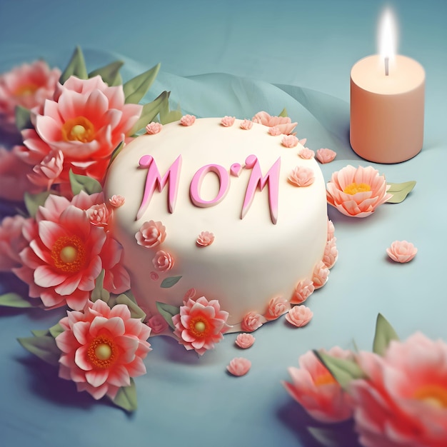 Photo a cake decorated with flowers and the word mom on it