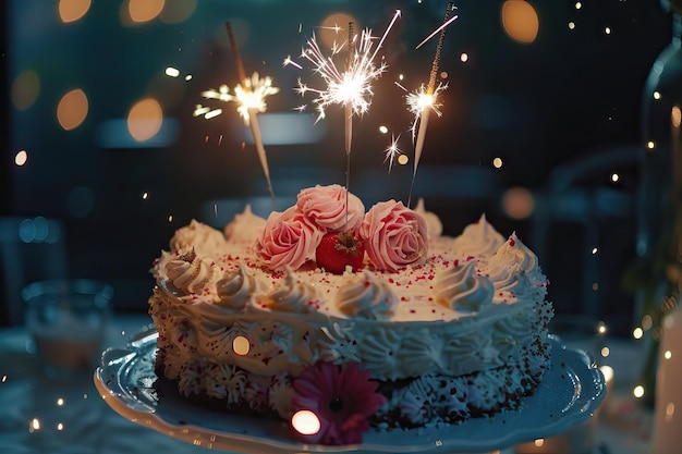 Photo cake decorated with a sparkler