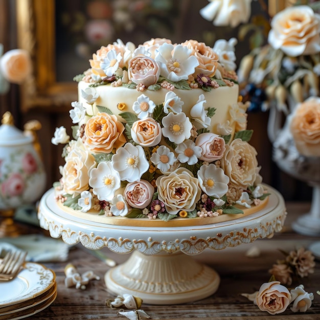 Photo a cake decorated with various kinds of flowers