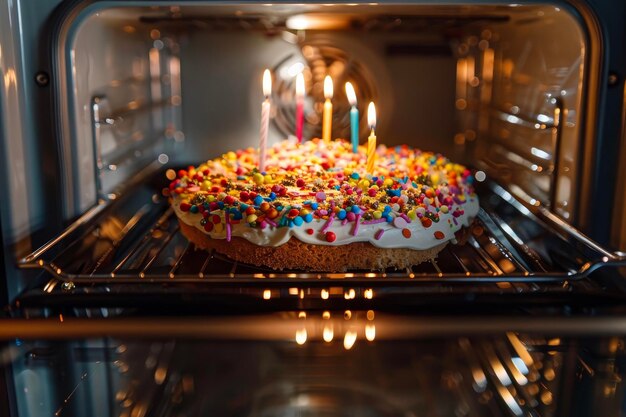 A cake decorating in the oven with frosting sprinkles and candles