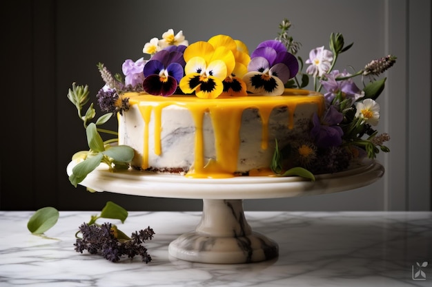 Образец оформления торта для кулинарных курсов Торт украшен съедобными цветами фиалками, розами и ромашками