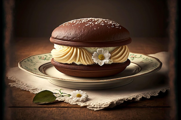 Cake dessert in form of chocolate with cream whoopie pie on plate