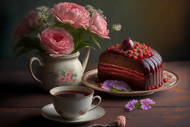 Cake and flowers with a cup of tea