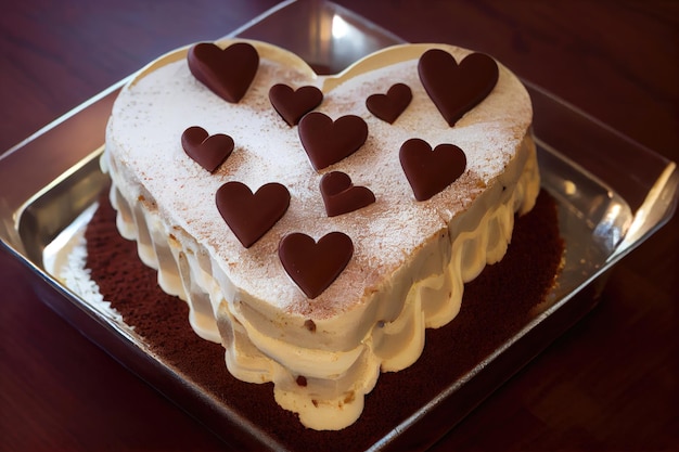 Cake in form of heartshaped tiramisu with hearts on top