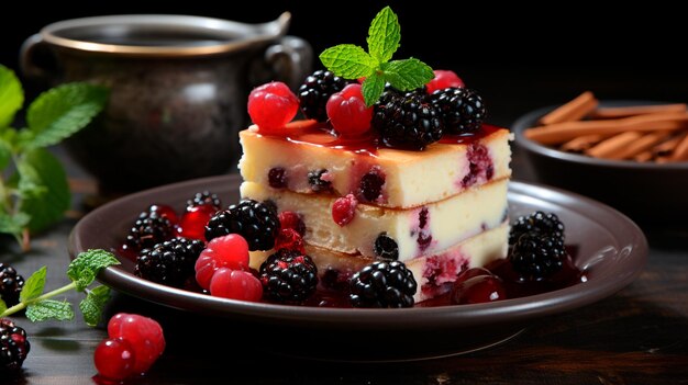 cake and fresh berries on black background