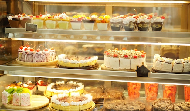 cake in glass cabinet cut into pieces Sold in a coffee shop