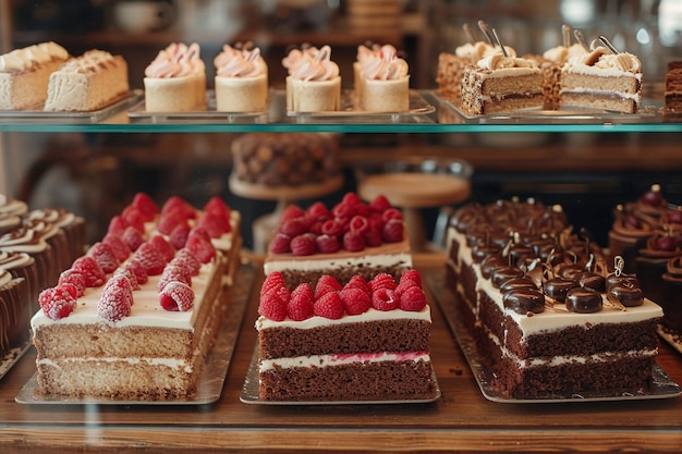 Cake in glass cabinet cut into pieces sold in a coffee shop