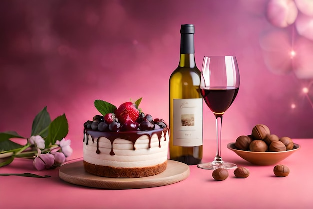 a cake and a glass of wine with a bottle of wine and berries on the table.