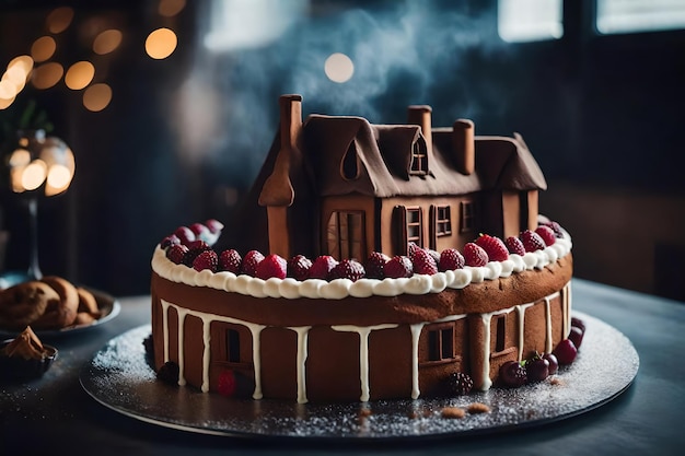 Photo a cake house is placed on a tablerealistic