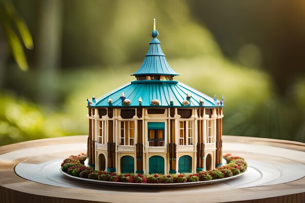 Photo a cake house is placed on a tablerealistic