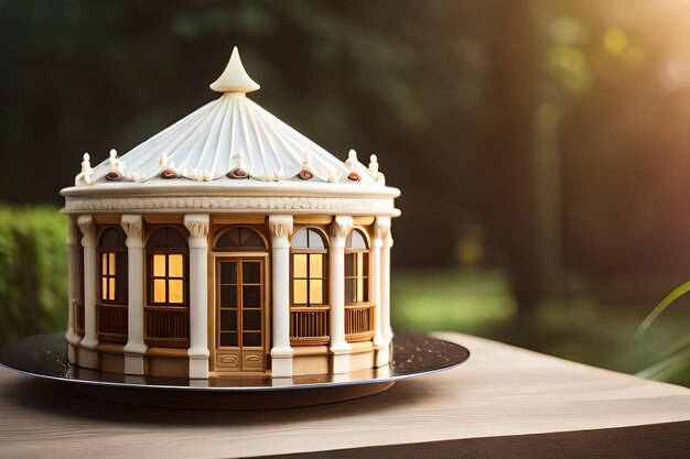 A cake house is placed on a tablerealistic