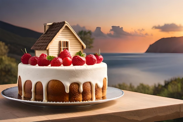 A cake house is placed on a tablerealistic