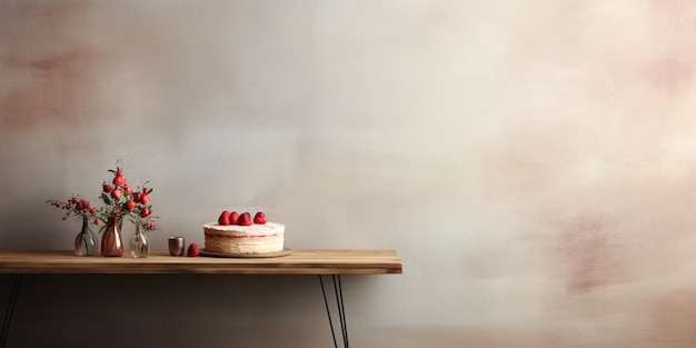 Фото Торт в минималистском стиле на пустом столе у стены
