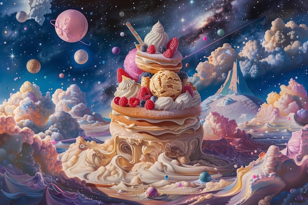 ケーキは空の山の頂上にありケーキはイチゴとクリームで飾られています