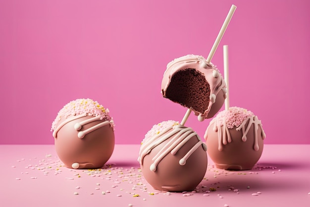 Foto cake knalt in chocoladesuikerglazuur op een roze achtergrond