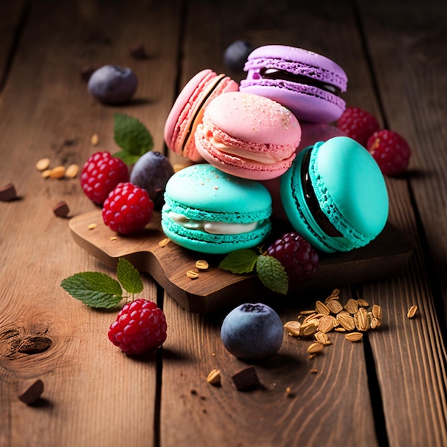 Cake macaron or macaroon stack on wooden table colorful bright cookies with berries and nuts