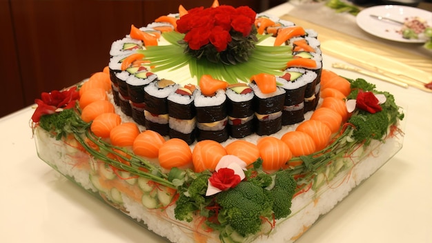 A cake made from sushi with a flower on top.