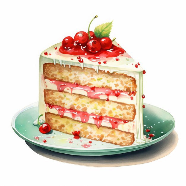 Cake met kersen en room op een witte achtergrond Waterverf illustratie