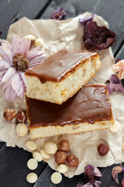 Cake on old wooden background