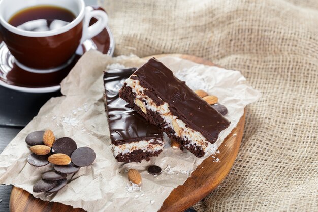 Cake on old wooden background