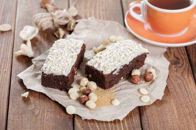 Cake on old wooden background