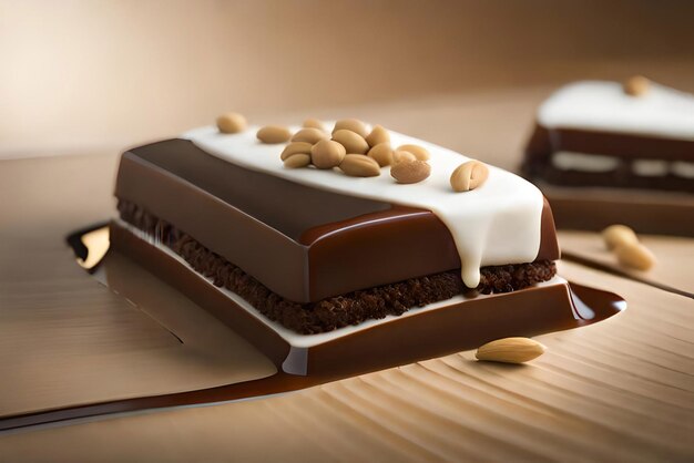 Cake pieces with liquid chocolate and peanuts